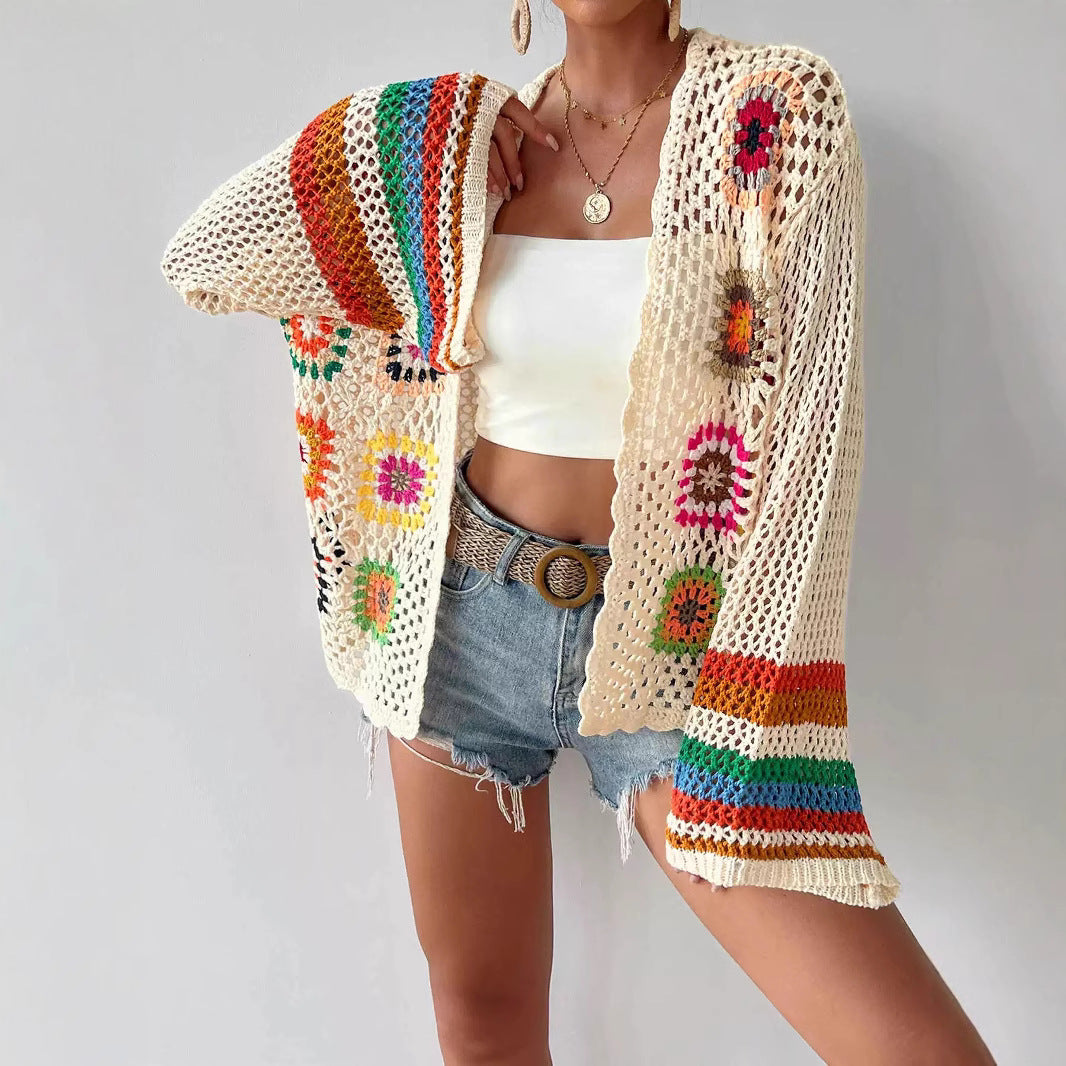 Hand-Crocheted Floral Cardigan Sweater | Boho Open Front Knit Top