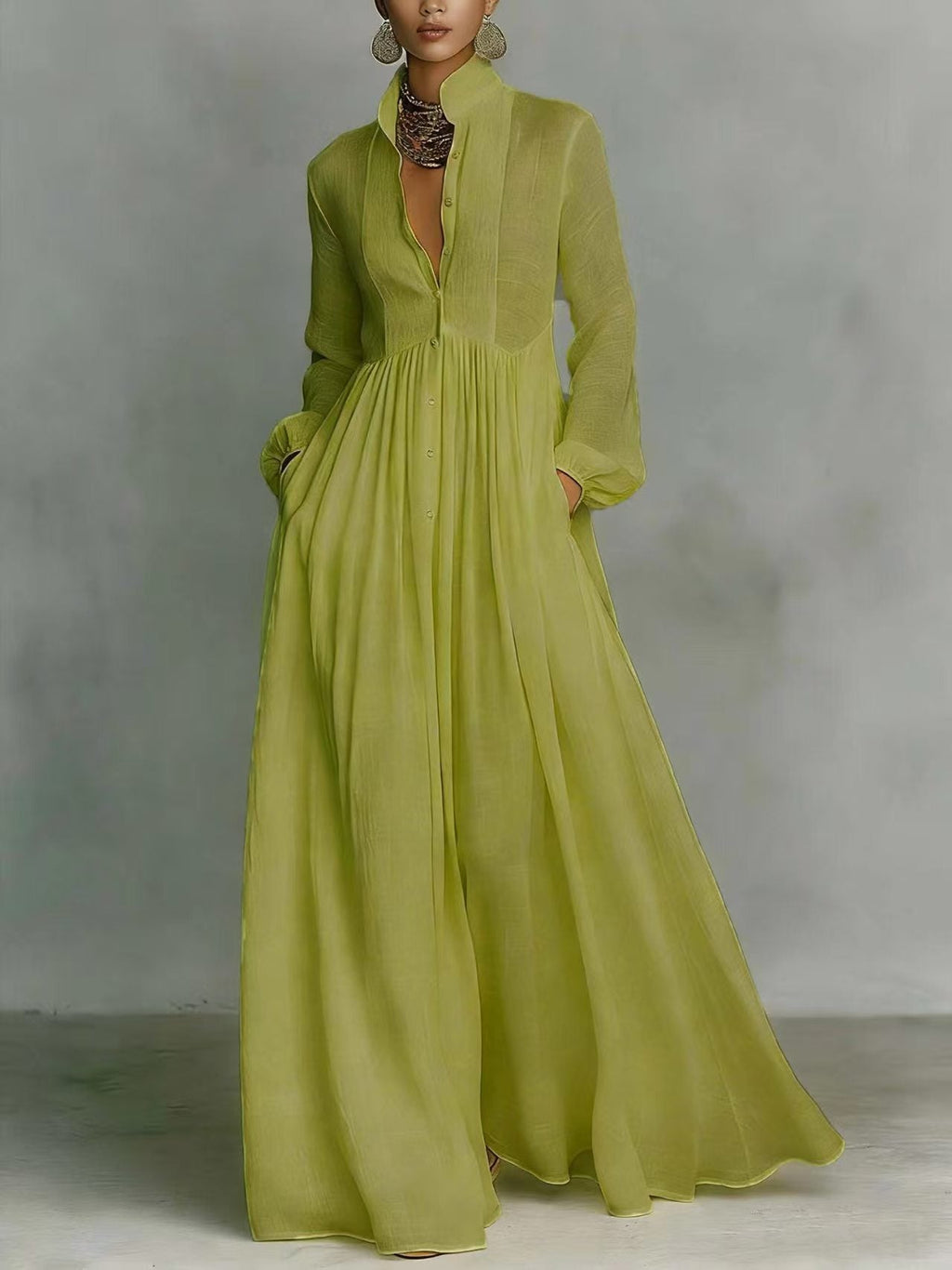 Women's French Style Long Sleeve Pleated A-Line Maxi Dress