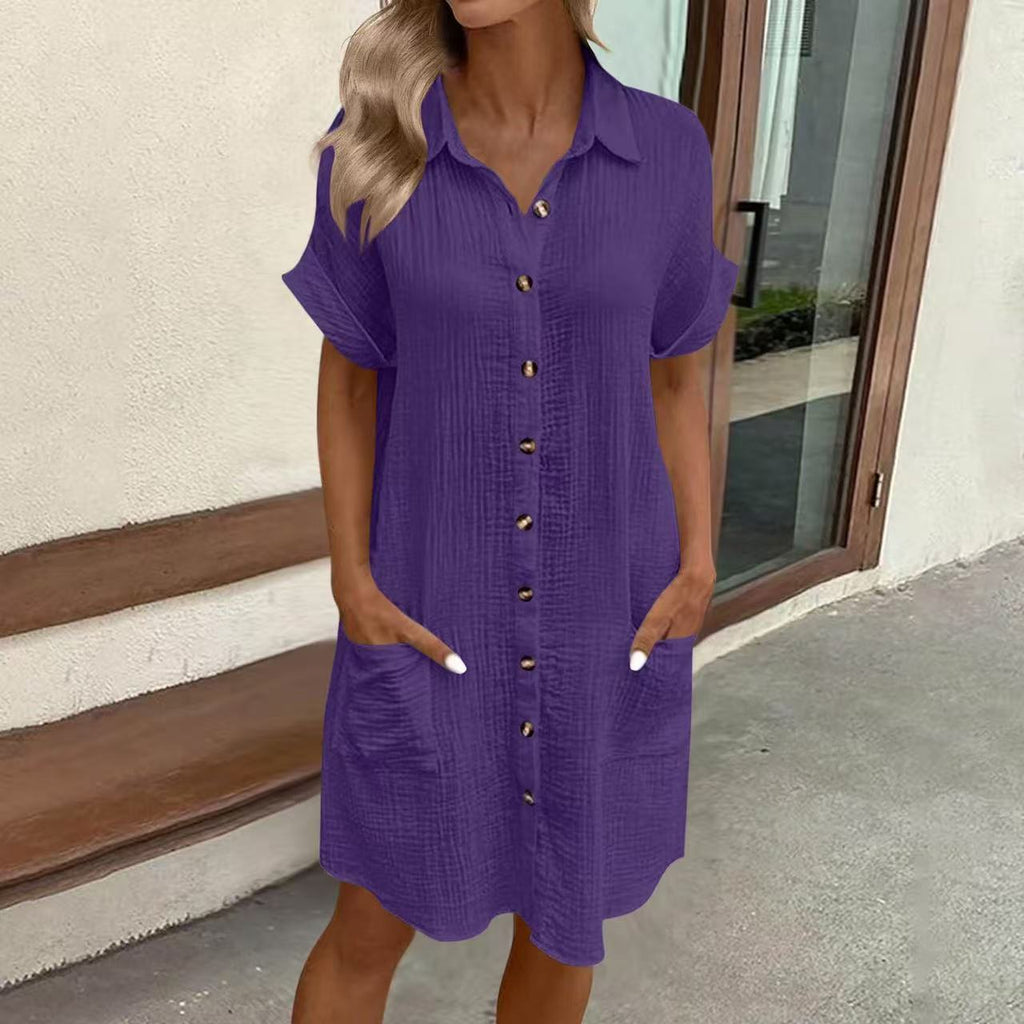 Women's Casual Loose Short-Sleeve Midi Shirt Dress – Button-Down