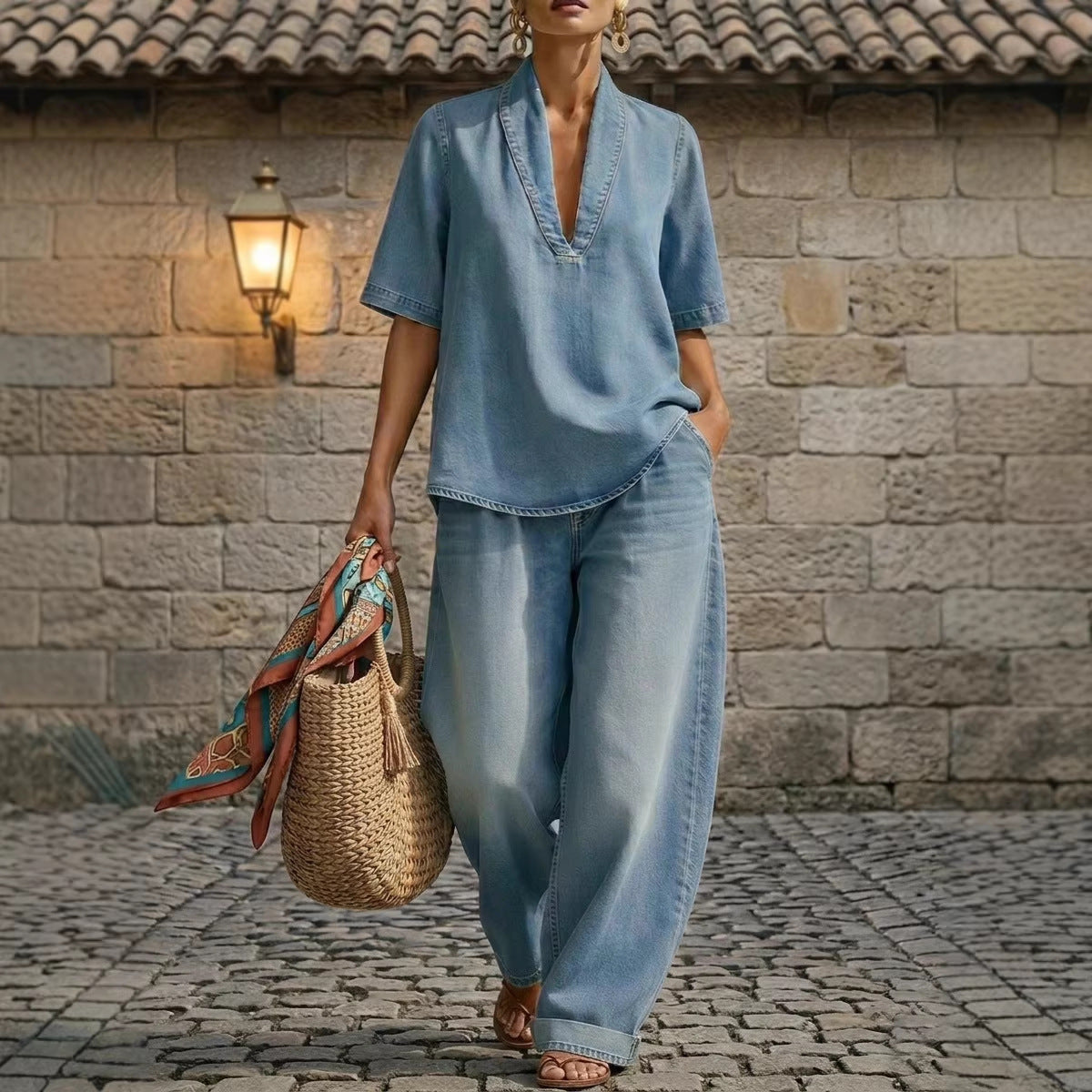 Retro V-Neck Washed Denim Top & Wide-Leg Pants Set – 3 Colors, S–3XL
