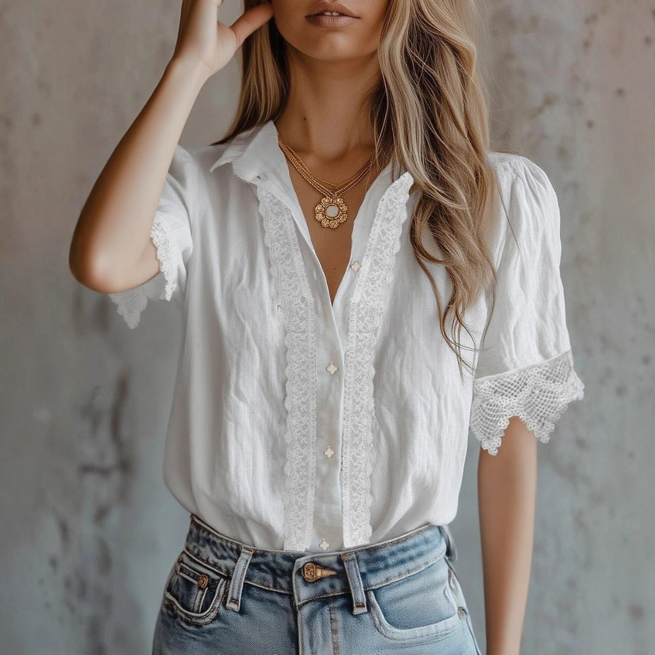 Women’s Lace Puff Sleeve Loose Fit Top