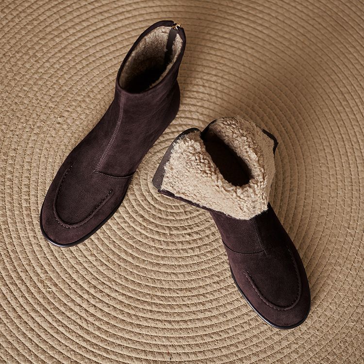 Women’s Fleece-Lined Ankle Boots – Round Toe Low Heel Winter Boots