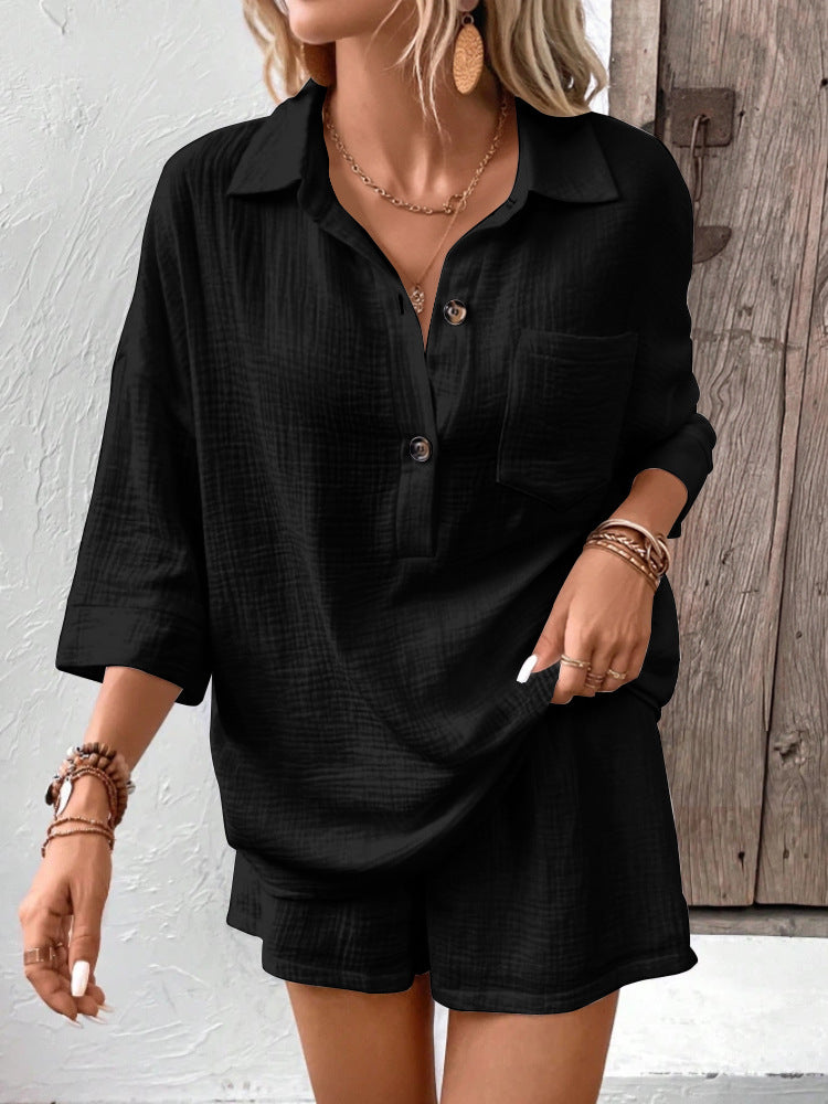 Women's Lapel Collar Double-Panel Shirt & Shorts Two-Piece Set