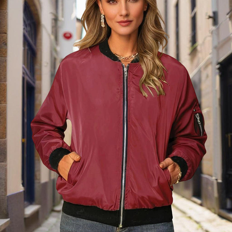 Minimalist Color-Block Stand-Collar Zip Jacket