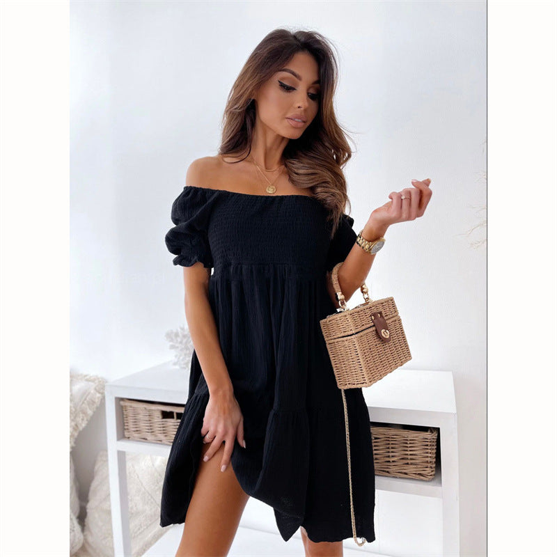 Casual One Word Collar Wrinkle Puff Sleeve Mid Dresses