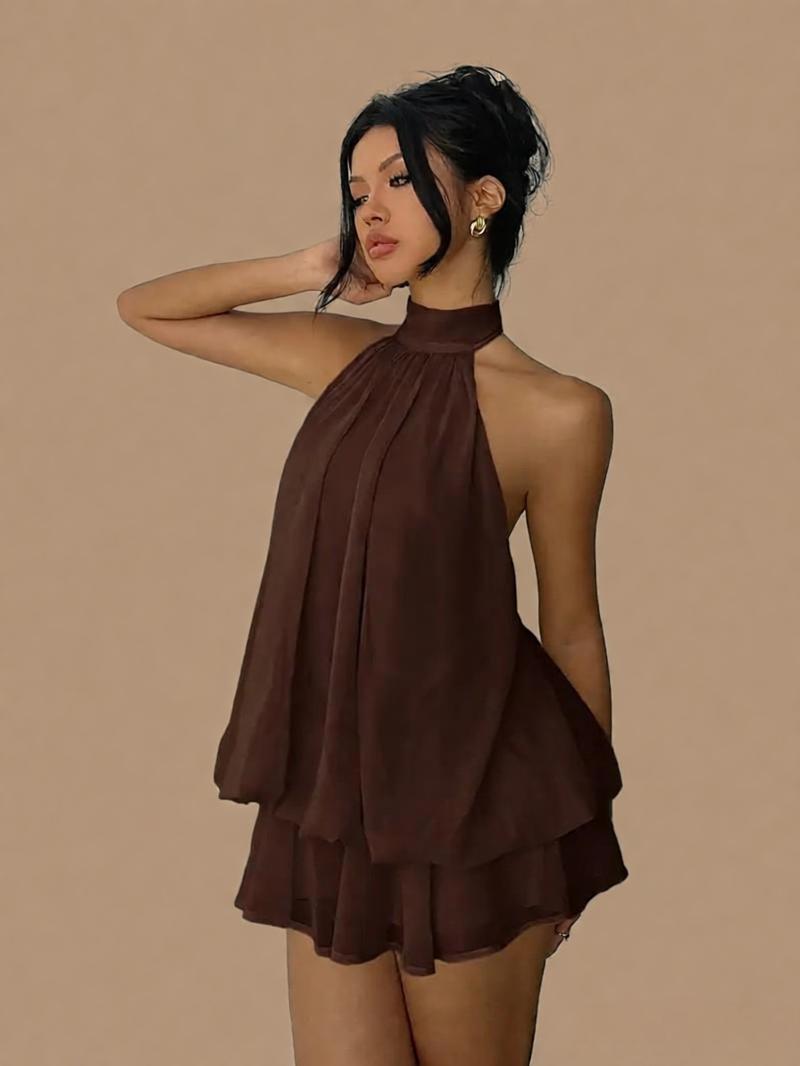 Women's Chiffon Halter Mini Dress – High-Waist Open-Back A-Line Dress