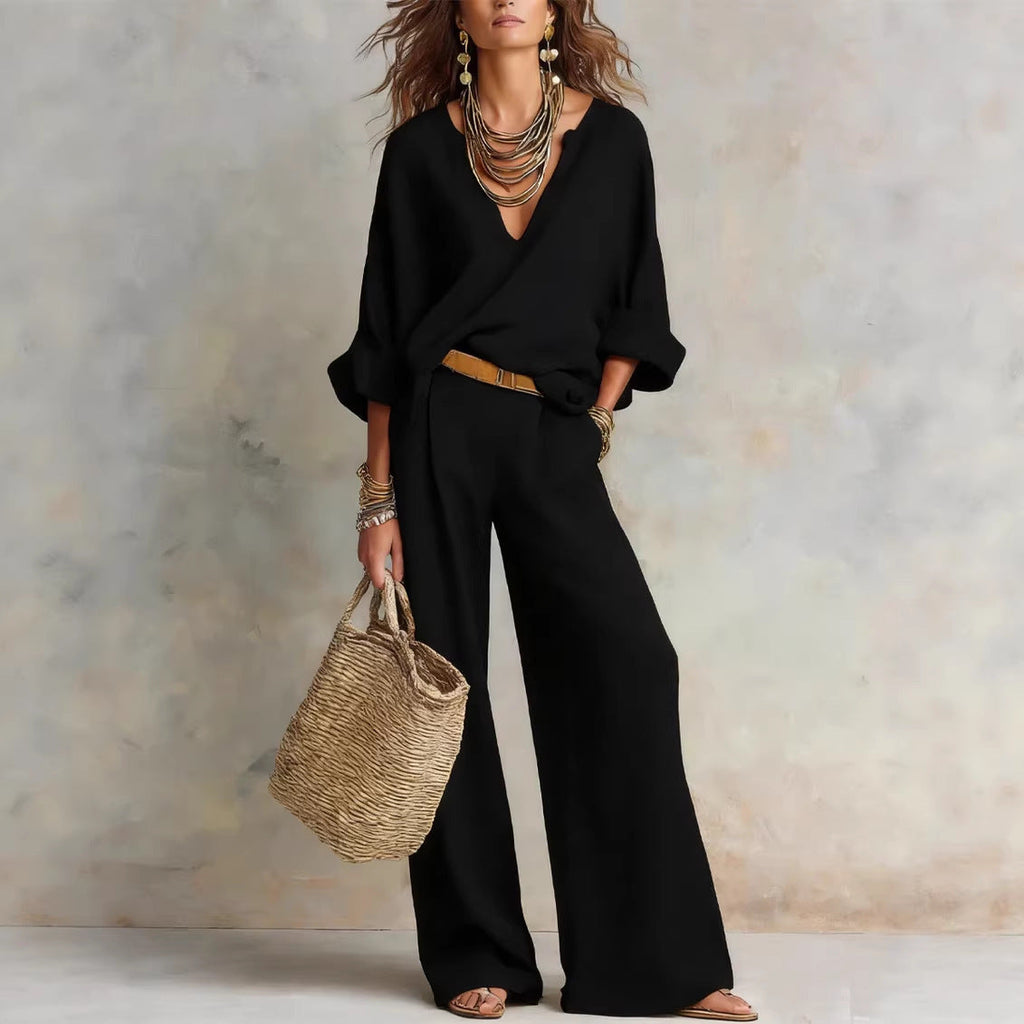 Women's Casual Linen Vacation Set – Three-Quarter Sleeve Top & Full-Length Pants