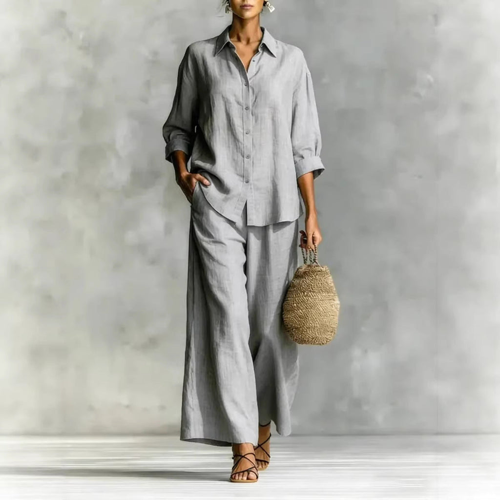 Cotton-Linen Shirt & Wide-Leg Pants Suit – 6 Colors, S–5XL