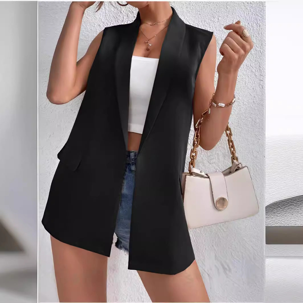 Women’s Mid-Length Suit Vest – Sleeveless Office Blazer
