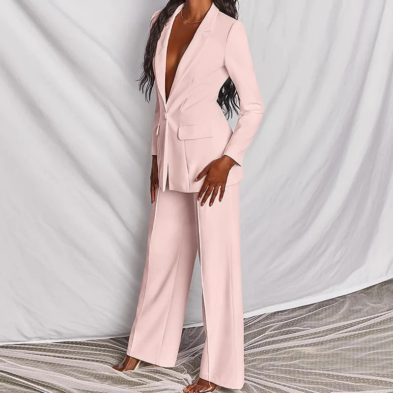Lapel Button-Down Blazer & Straight-Leg Trousers Suit