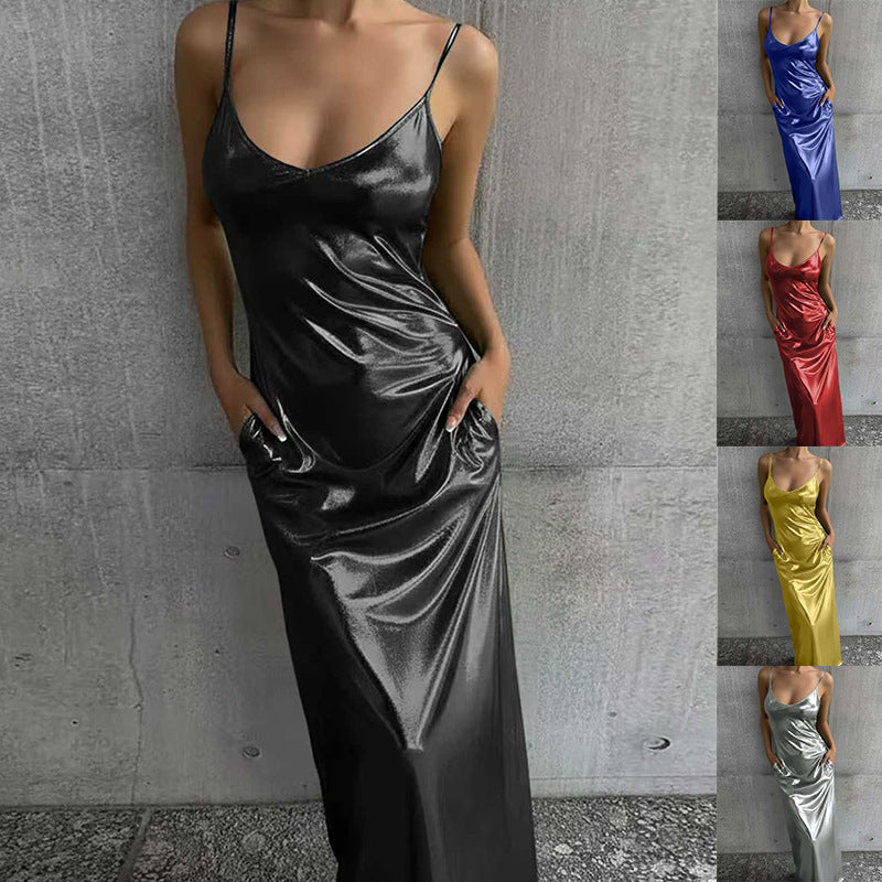 Textured Mirror-Finish U-Neck Slip Maxi Dress with Pockets