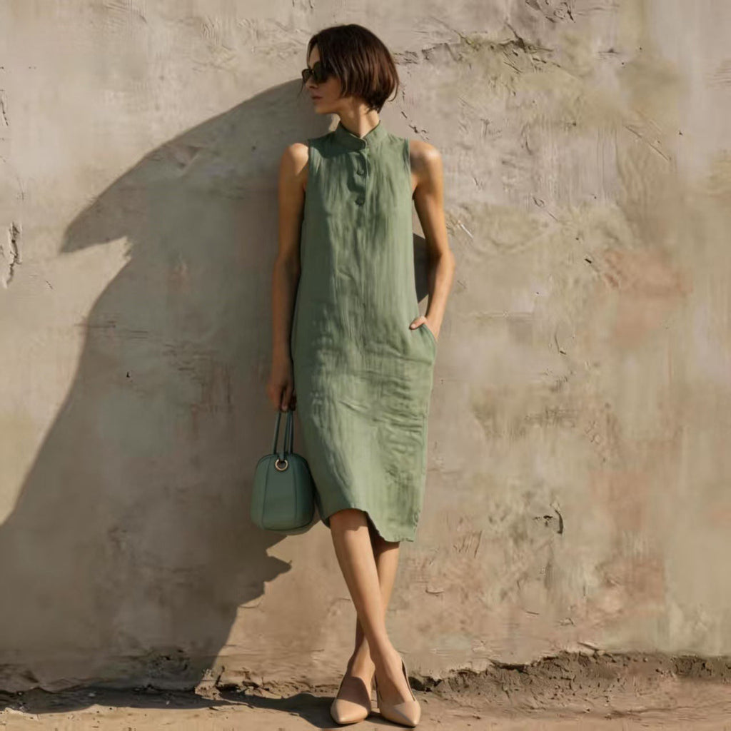 Women's Sleeveless A-Line Midi Dress – Solid Color Cotton Linen Casual