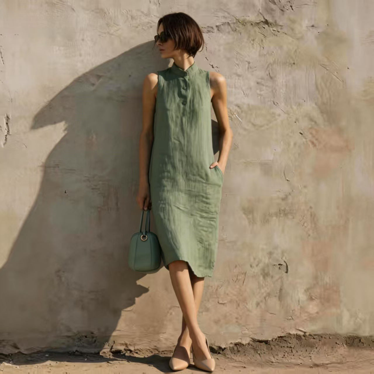 Women's Sleeveless A-Line Midi Dress – Solid Color Cotton Linen Casual