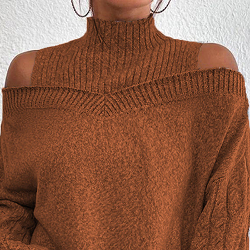 Women's Cold Shoulder Sweater - High Neck Cut Out Pullover Long Sleeve