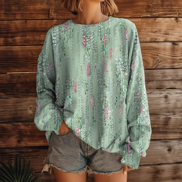 Women’s Printed Crew-Neck Sweatshirt – Long Sleeve Casual Top