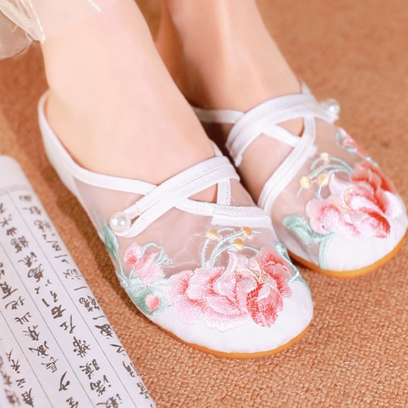 Women's Floral Embroidered Mesh Shoes – Breathable Hollow-Out Retro Flats