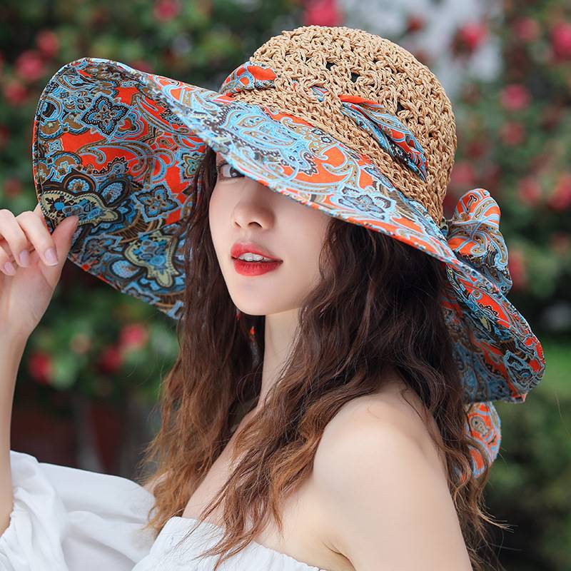 Women's Patterned Straw Beach Sun Hat – Round Crown UV Protection Summer Hat