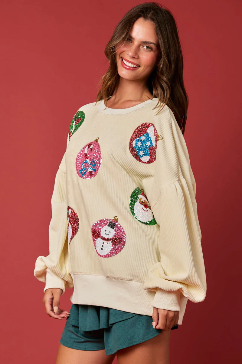 Women’s Christmas Egg Sequined Long-Sleeve Loose Sweatshirt