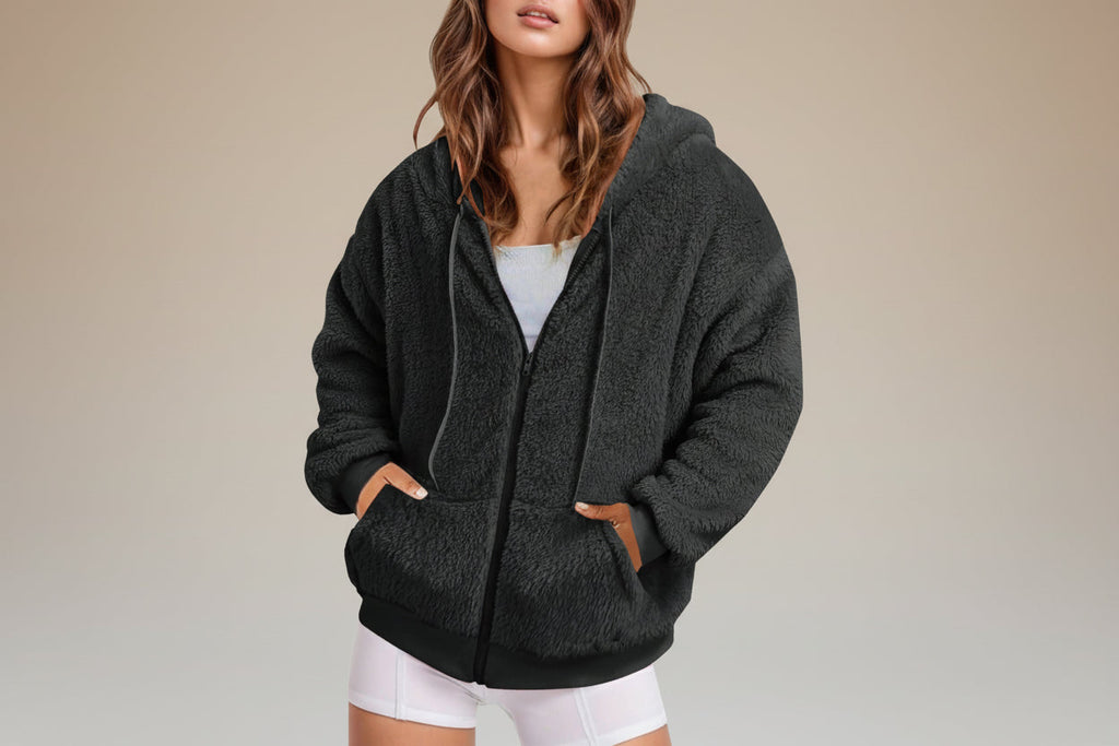 Long Zip-Up Hoodie – Soft Cotton Velvet, Oversized Fit