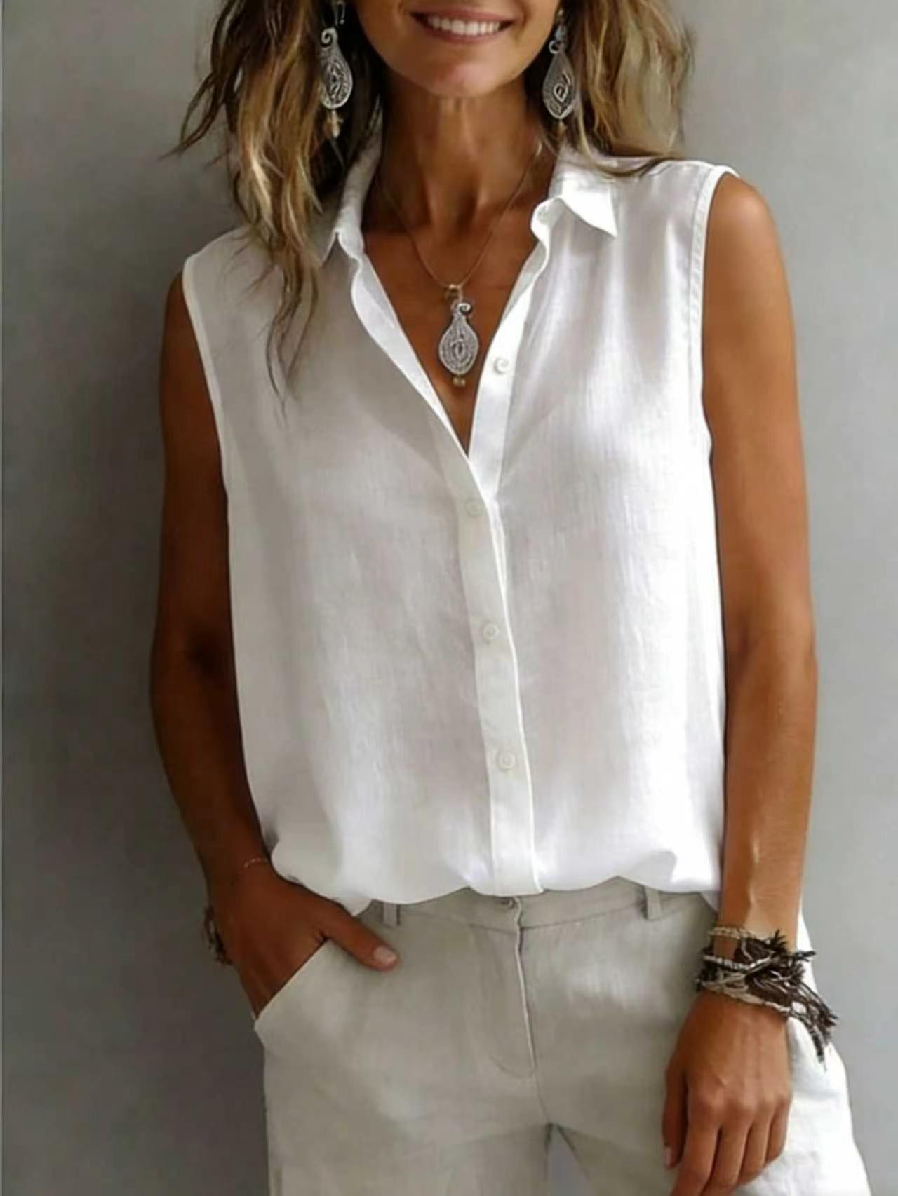 Women's Solid Color Lapel Sleeveless Top