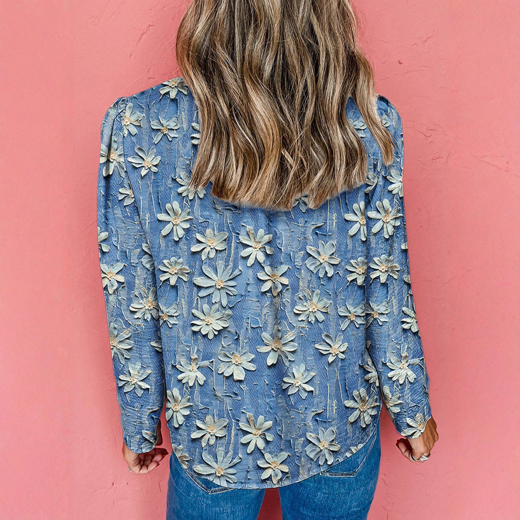Women's Retro Floral Print Chiffon Blouse – Loose Fit Long-Sleeve Top