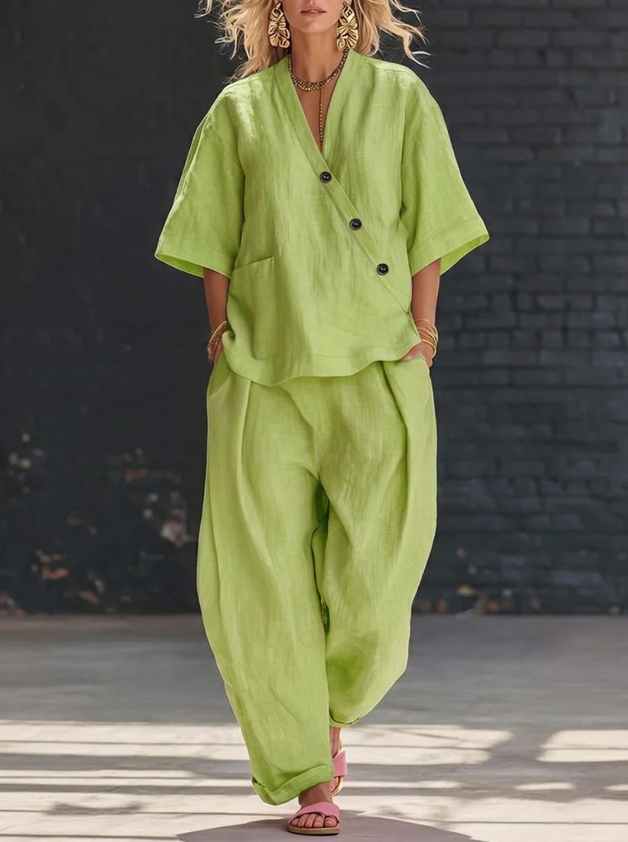 V-Neck Short Sleeve Top & High-Waist Trousers Two-Piece Set