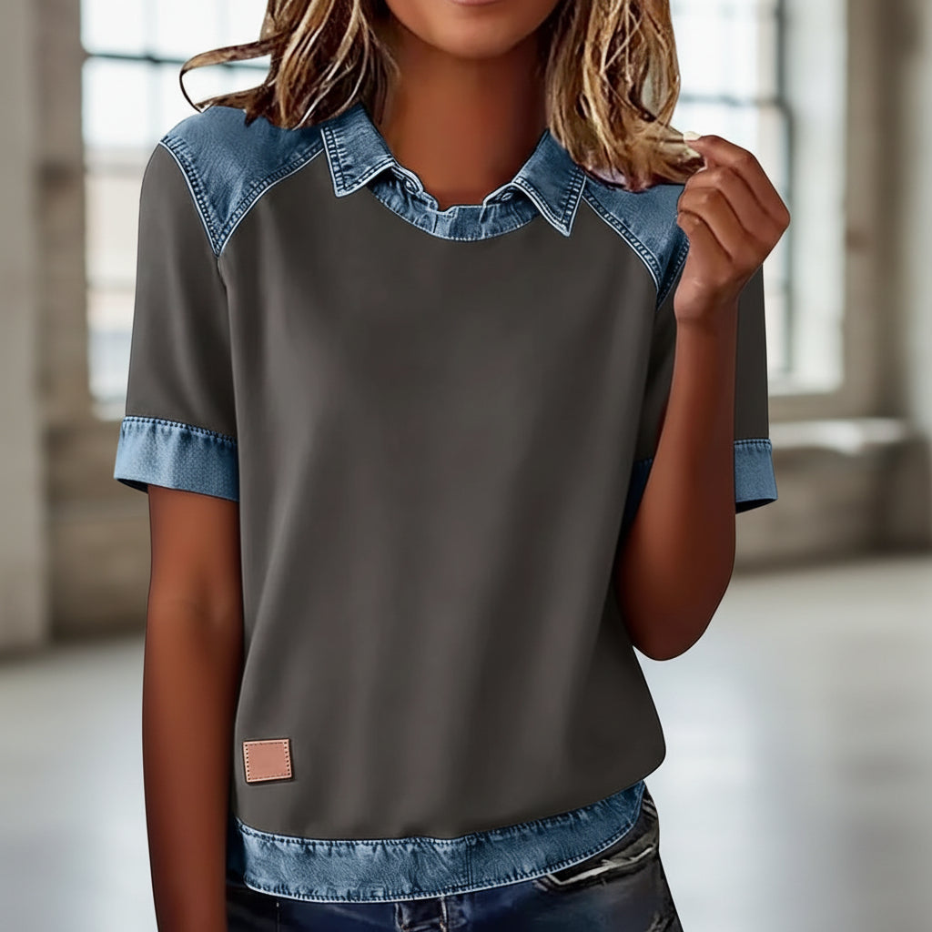 Patchwork Knitted Shirt Short-Sleeve Lapel Button-Up Shirt For Women