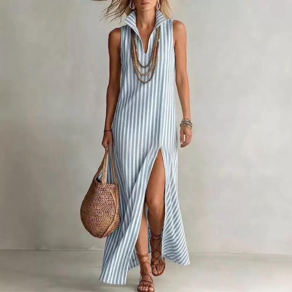 Striped Stand Collar Side-Slit Sleeveless Maxi Dress – A-Line Cami