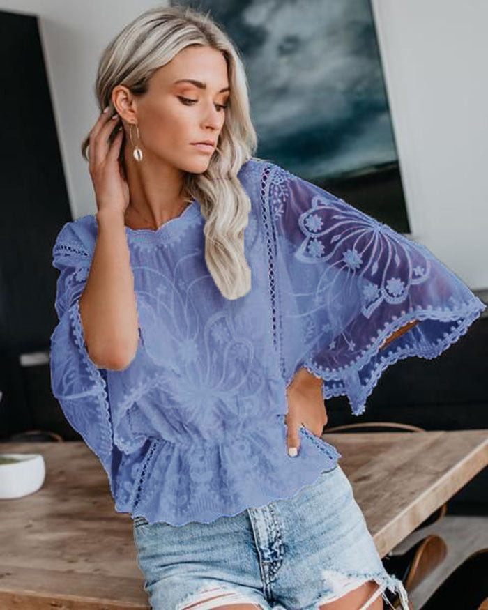 Women’s Lace Trim Top Short Sleeve Batwing Shirt