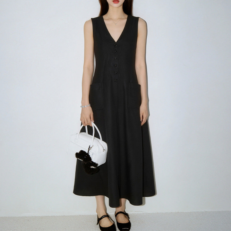 Women's V-Neck Sleeveless Button-Up Pencil Dress