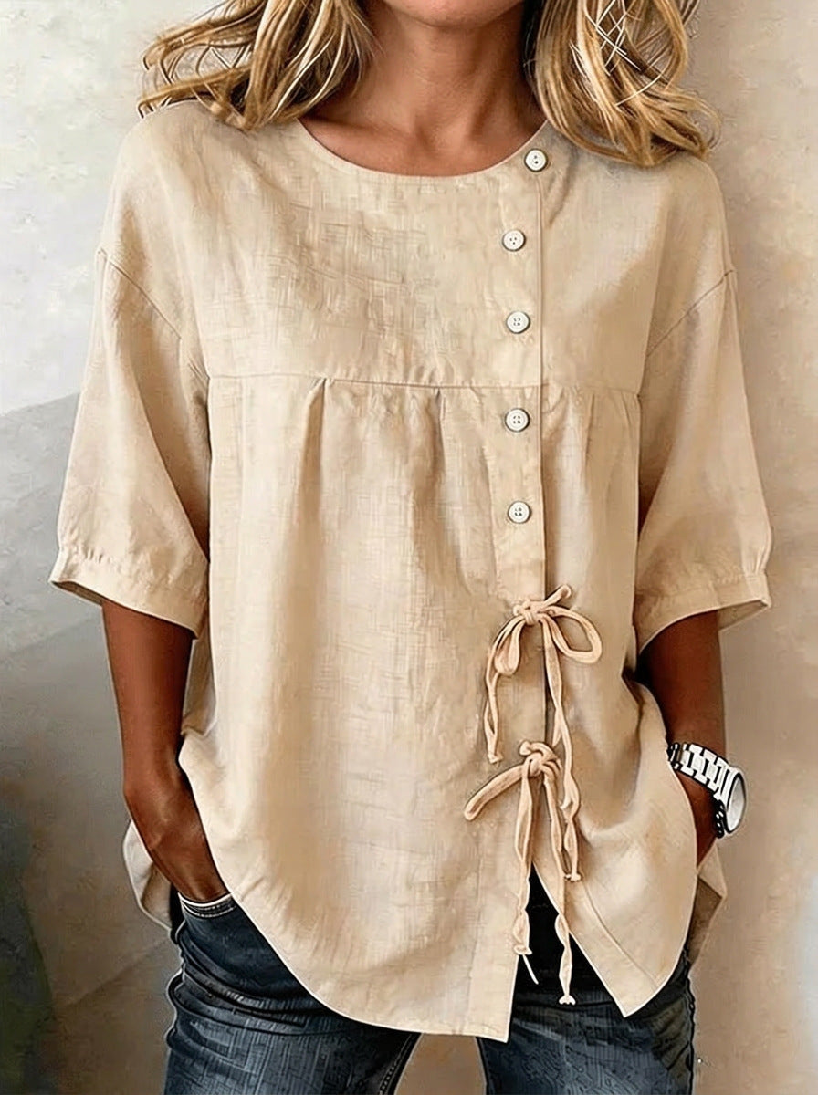 Women's Lace-Up Button Shirt – 3/4 Sleeve Asymmetric