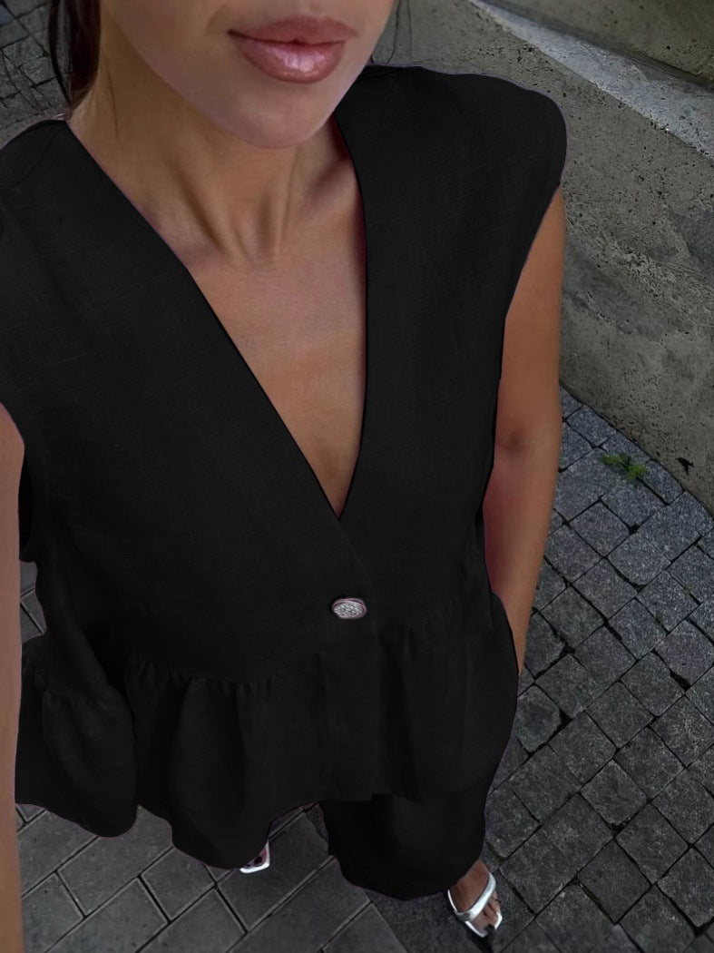 Women’s Cotton V-Neck Sleeveless Vest and Wide-Leg Pants Set