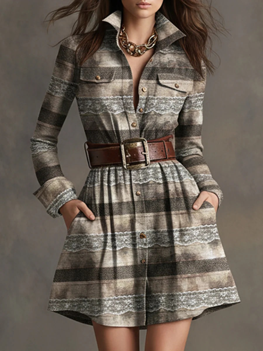 Women's Elegant Plaid Long Sleeve Mini Dress | Belted