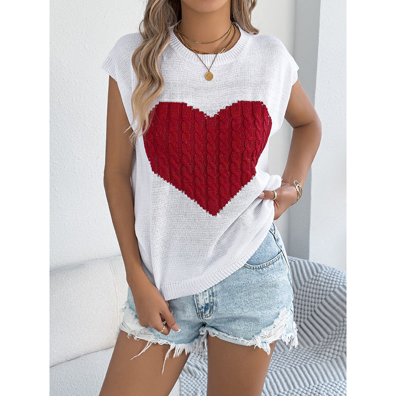 Women’s Heart Color Block Knit Top – Casual Sleeveless Valentine Tank