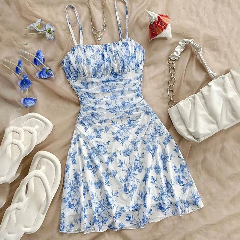 Boho Floral Spaghetti Strap Mini Dress – Ruched Ruffle Hem Vacation Sundress