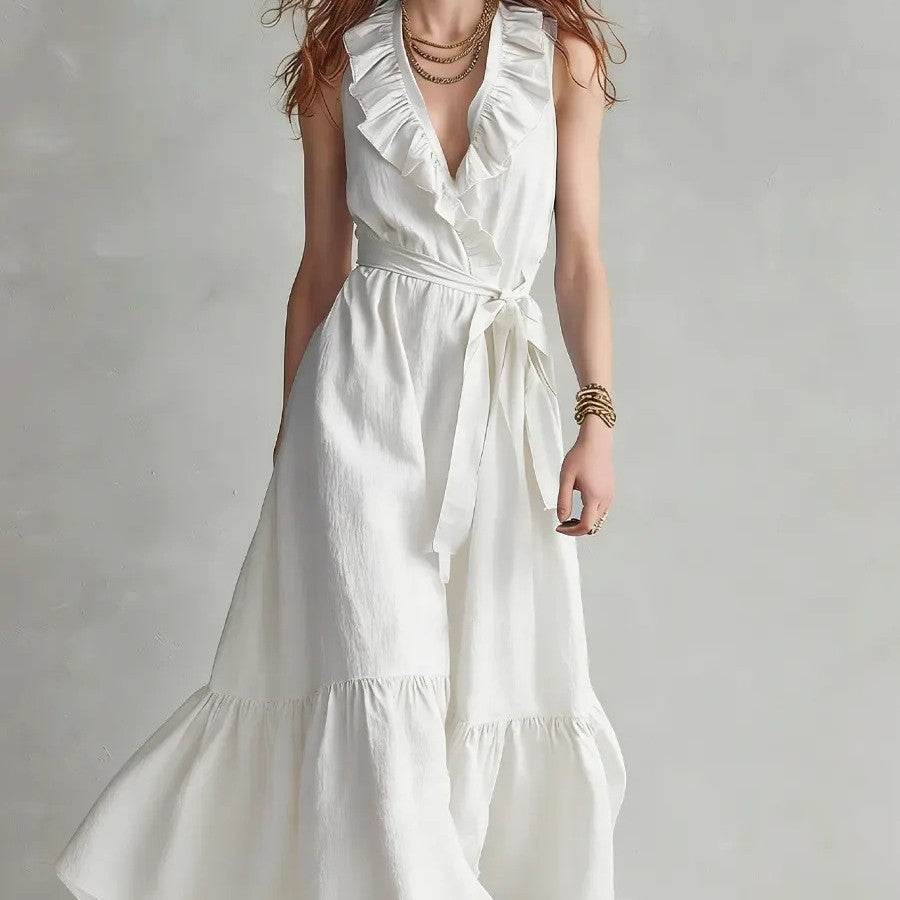 Women's V-Neck Sleeveless Lace-Up Panelled Maxi Dress – Wide Flare