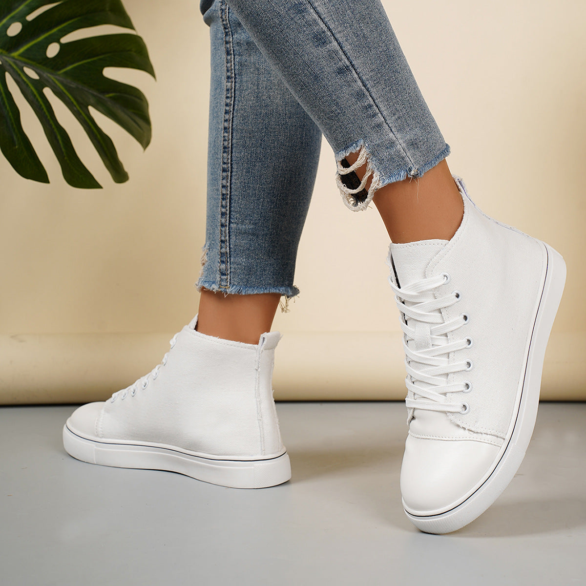Women's High-Top Canvas Sneakers – Lace-Up Casual Flat Shoes