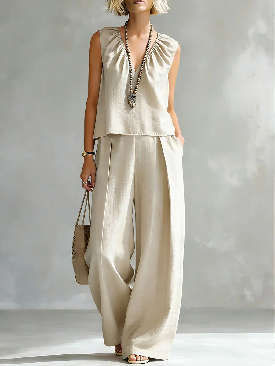 Women's Sleeveless Cotton-Linen Shirt & Pants Set – Urban 2-Piece