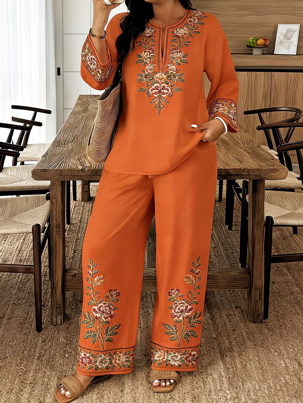Women’s Ethnic Two Piece Set with Long Sleeve Shirt and Cropped Pants