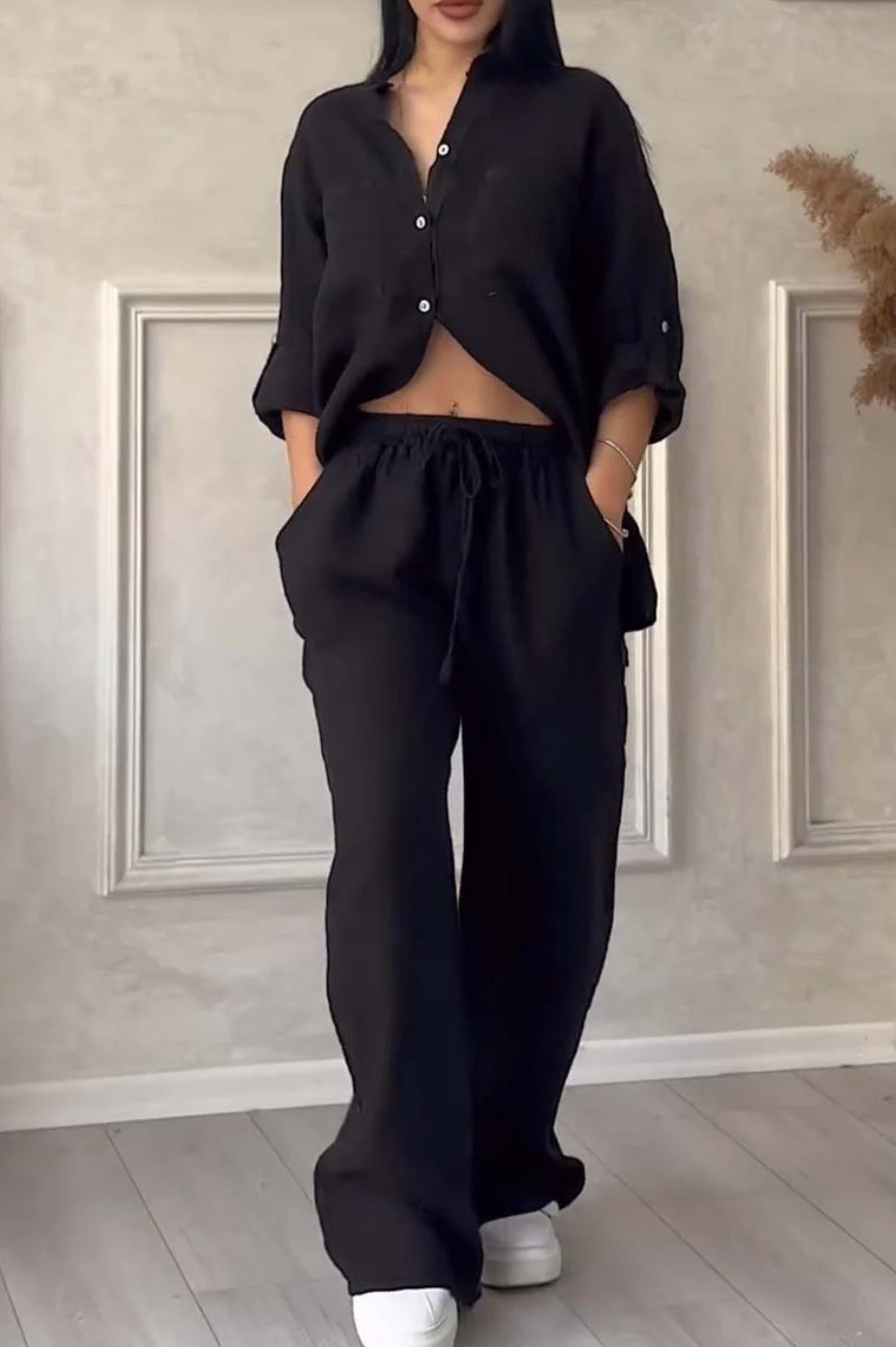Wide-Leg Pants & Lace-Up Top Two-Piece Set – Solid Color, 12 Colors S–5XL