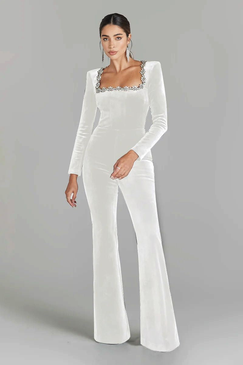 Women’s Diamond-Encrusted Square-Collar Flared Jumpsuit