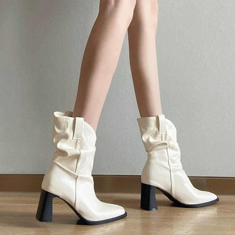 Women's French Luxury Ruched Square Toe Block Heel Slouch Ankle Boots