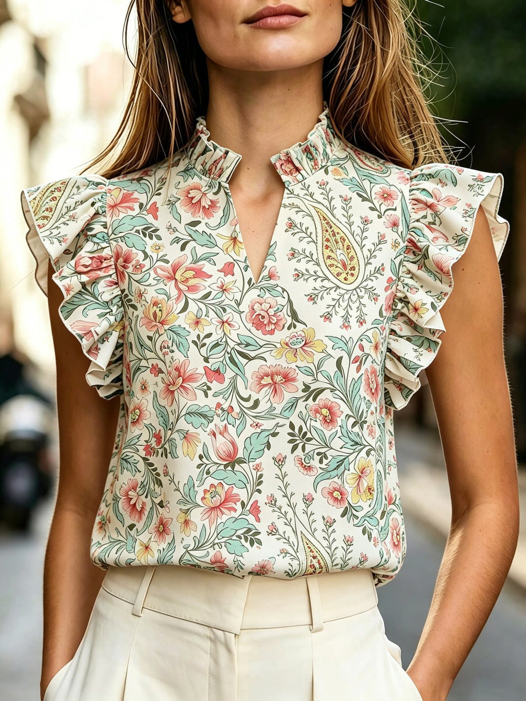 Women's Retro Ruffle-Trim Printed Sleeveless Top