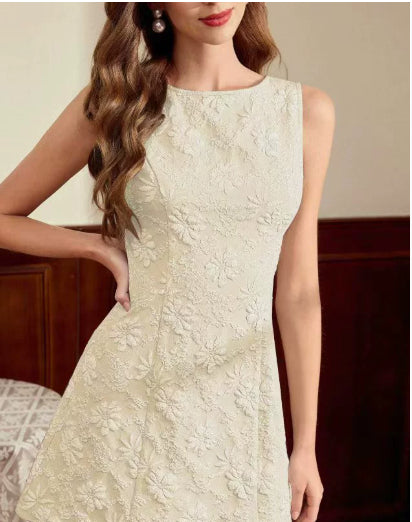 Women's Jacquard Sleeveless Midi Dress – Slim Fit French Minimalist Style