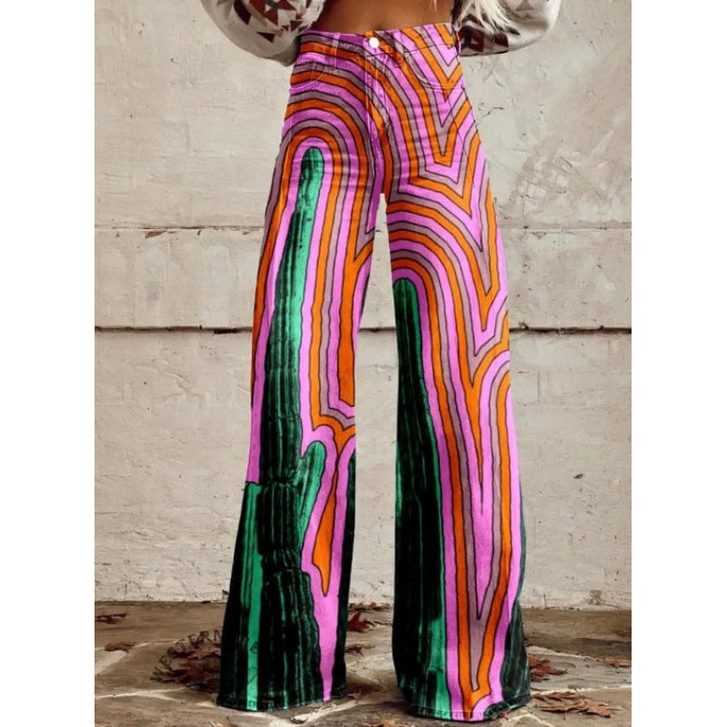 Women's Printed Flare Pants – Mid-Waist Full Length Plus Size