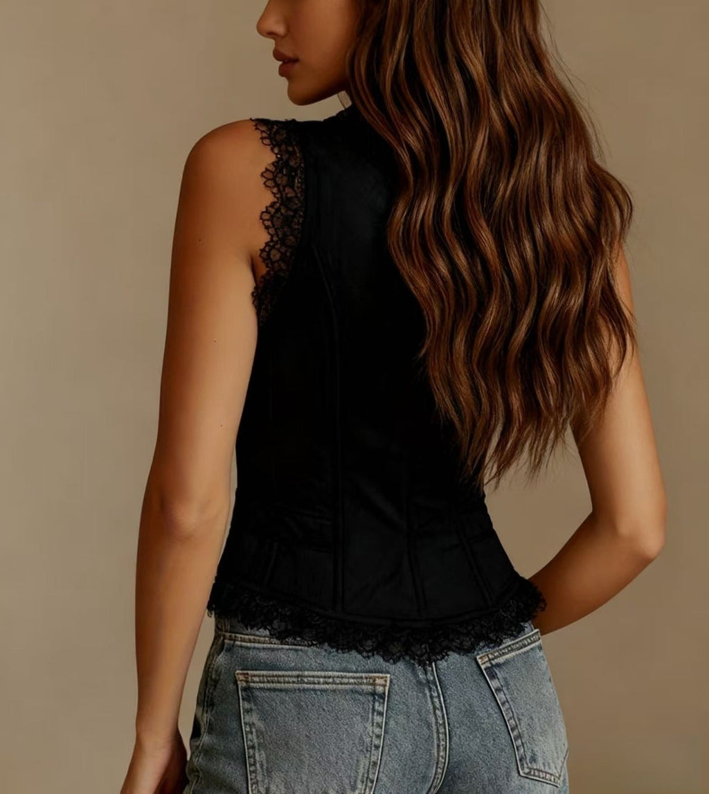 Lace Trim Button-Down Crop Tank Vest Women
