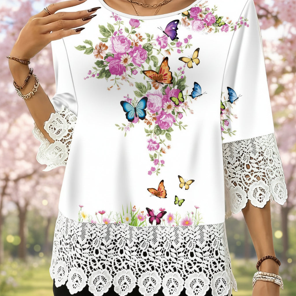 Printed Patchwork Three-Quarter Sleeve Top – Women's Loose Fit Pullover