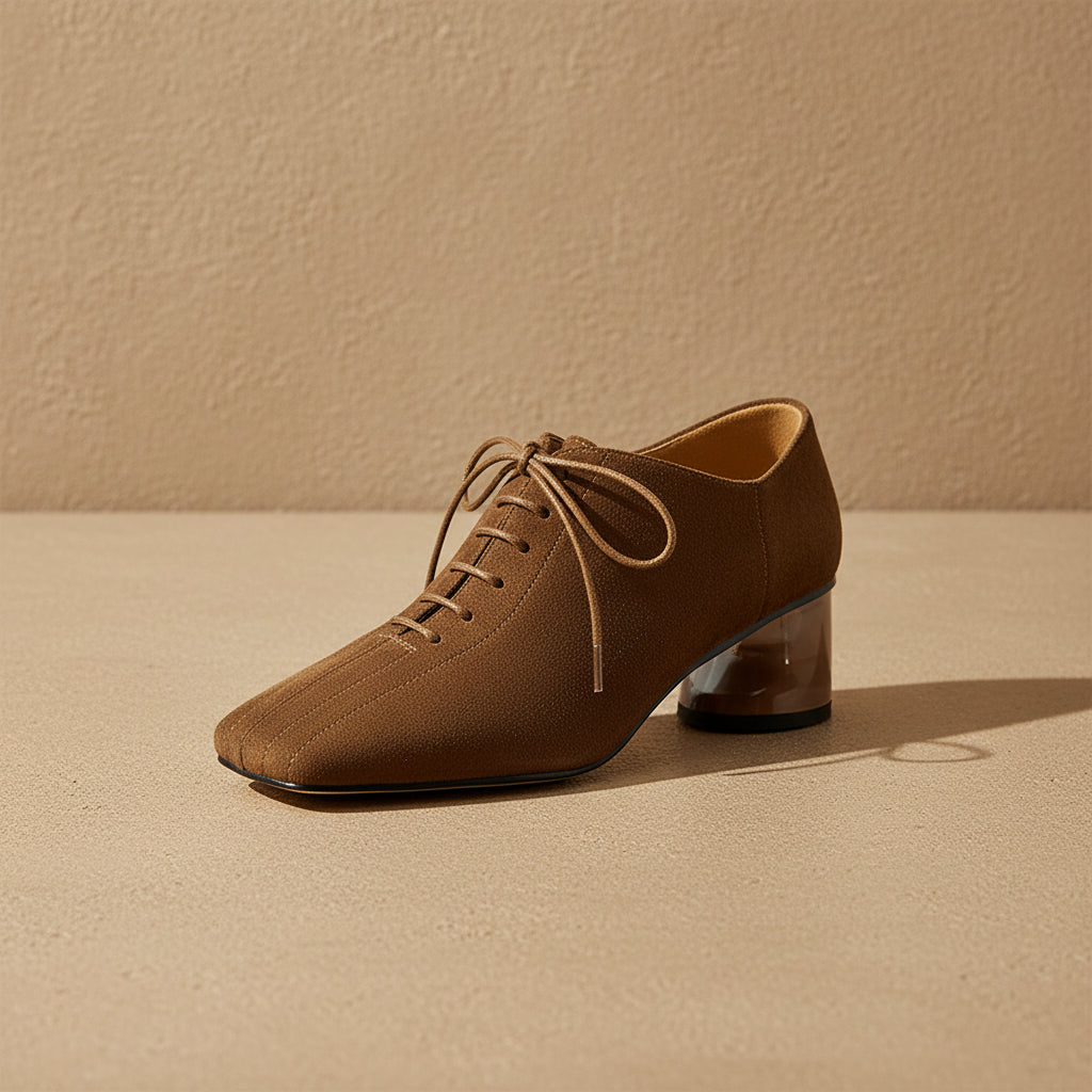 Women's Retro Sheepskin Square Toe Chunky Heel Pumps – Lace-Up Mid Heel