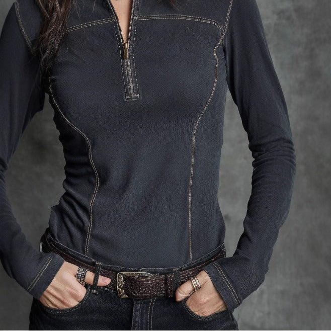 Women’s Retro Stand Collar Half Zip Pullover Top