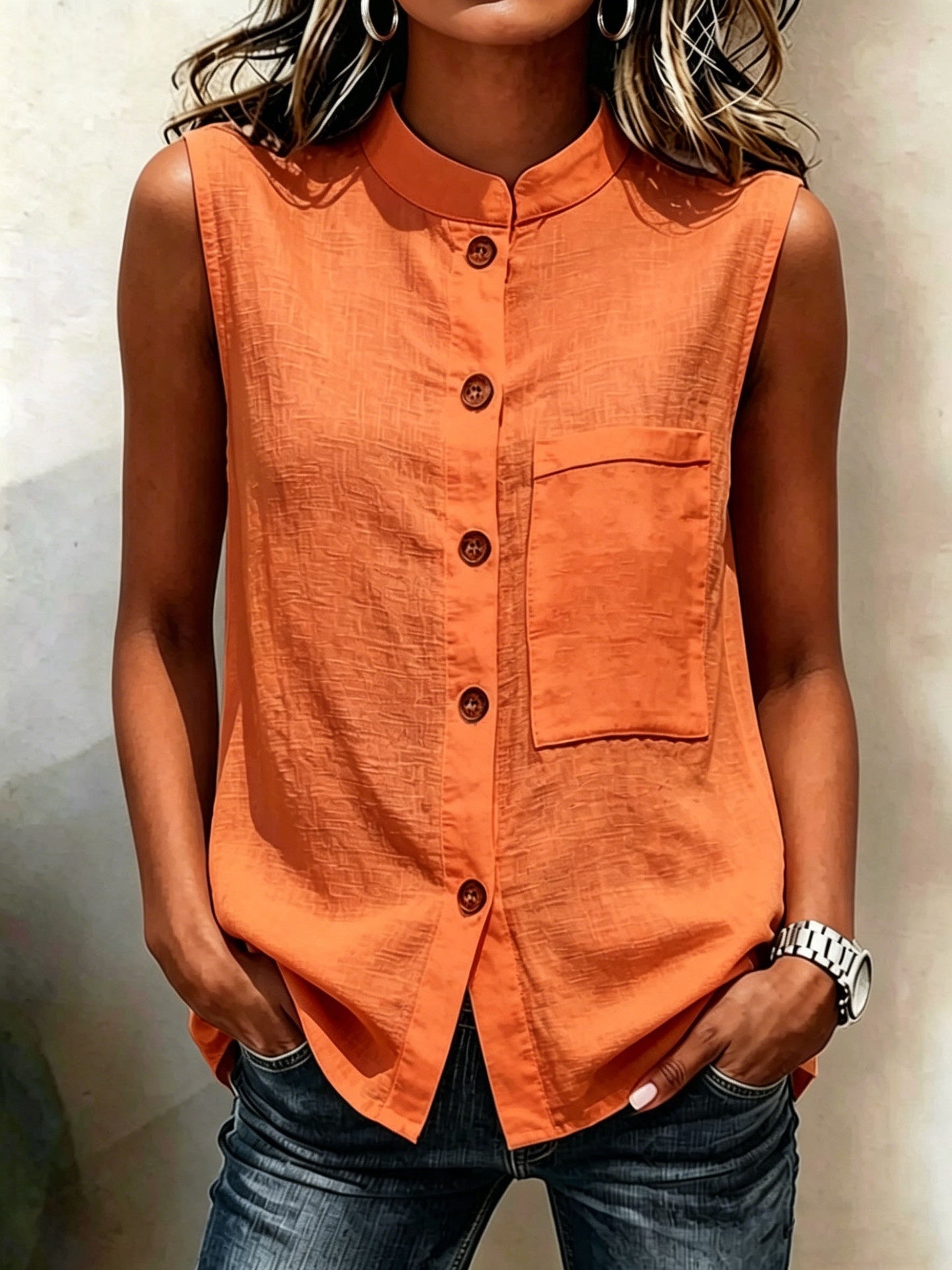 Women's Sleeveless Crop Top with Buttoned Pockets – Solid Color